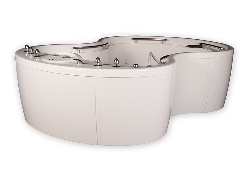 A wholebody hydrotherapy bath tub with manual controls. It is suitable for hydromassage and subaqual massage treatments. Its special shape and large volume make it suitable for individual patient excercise.