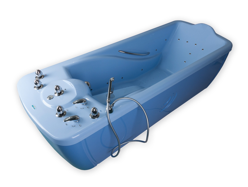 A wholebody hydrotherapy bath tub with manual controls. It is suitable for balenological, hydromassage and airmassage treatments, with possibility of additive water filling.
